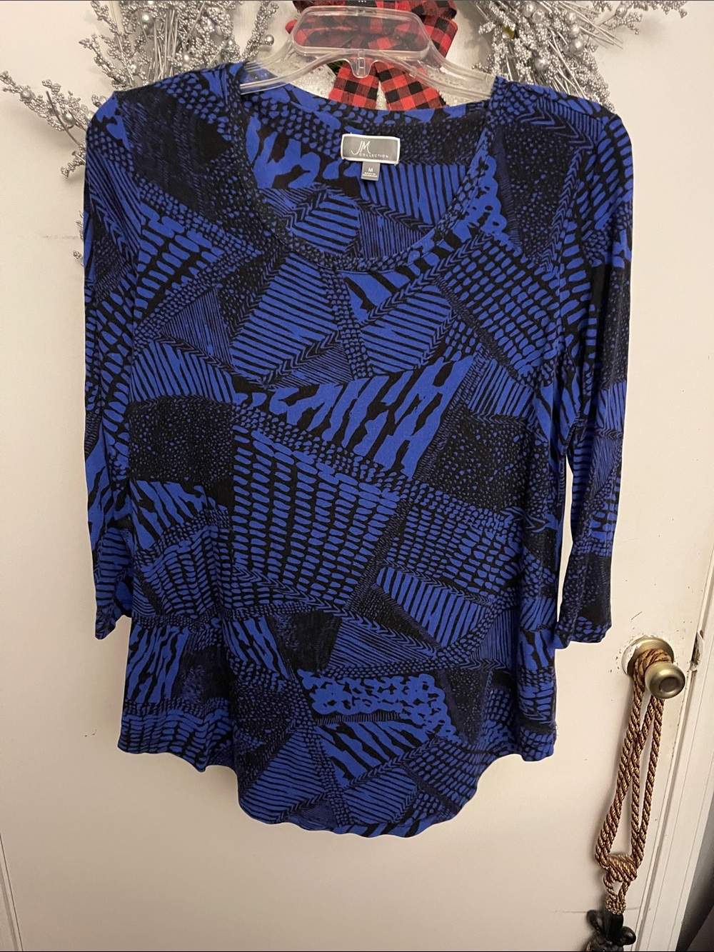 JM Collection Blue and Black Geometric 3/4 Sleeve Top